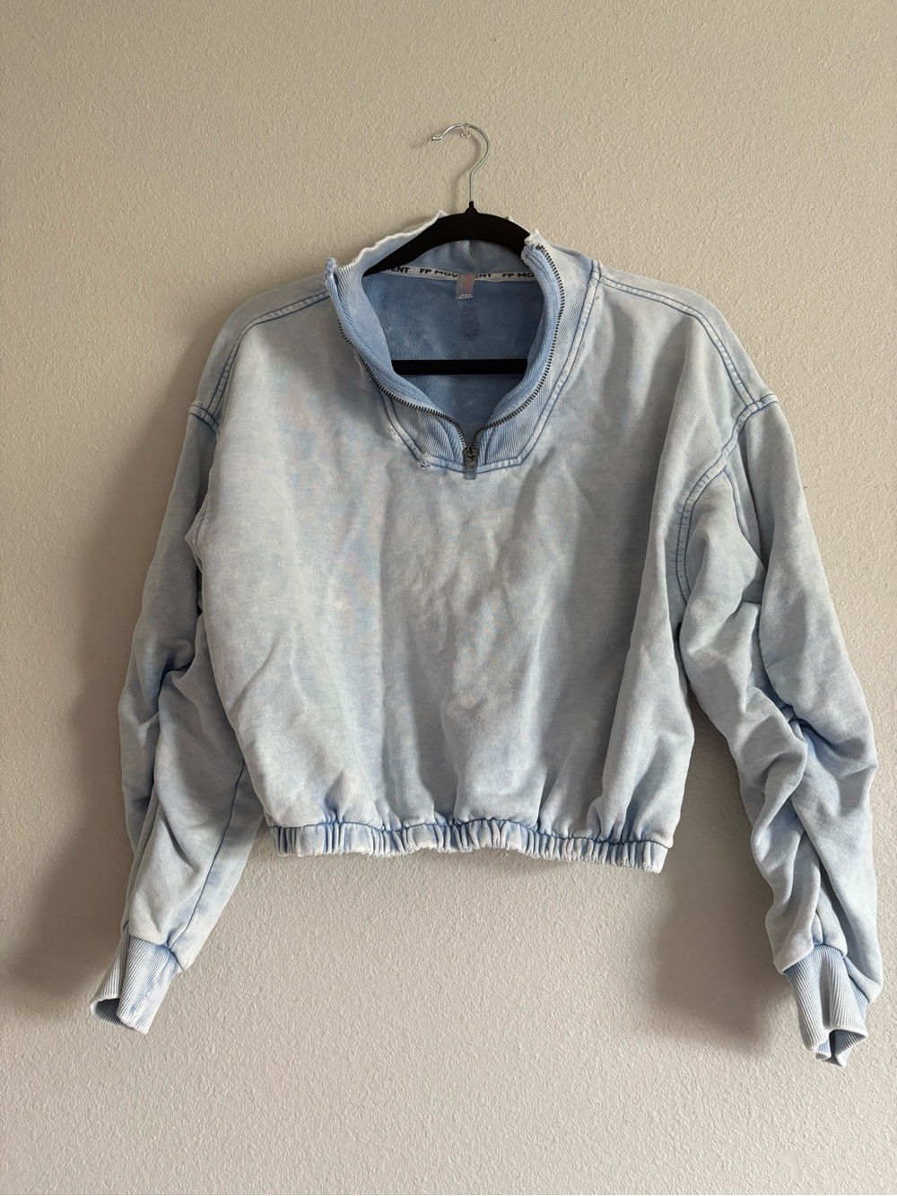 Free People Washed Light Blue Cropped Quarter-Zip Sweater